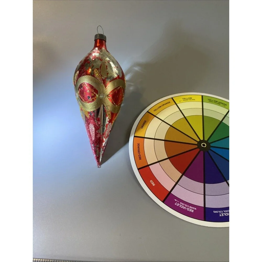 Vintage Christmas Red Gold Glass Teardrop Ornament Hand Painted Glitter Holiday